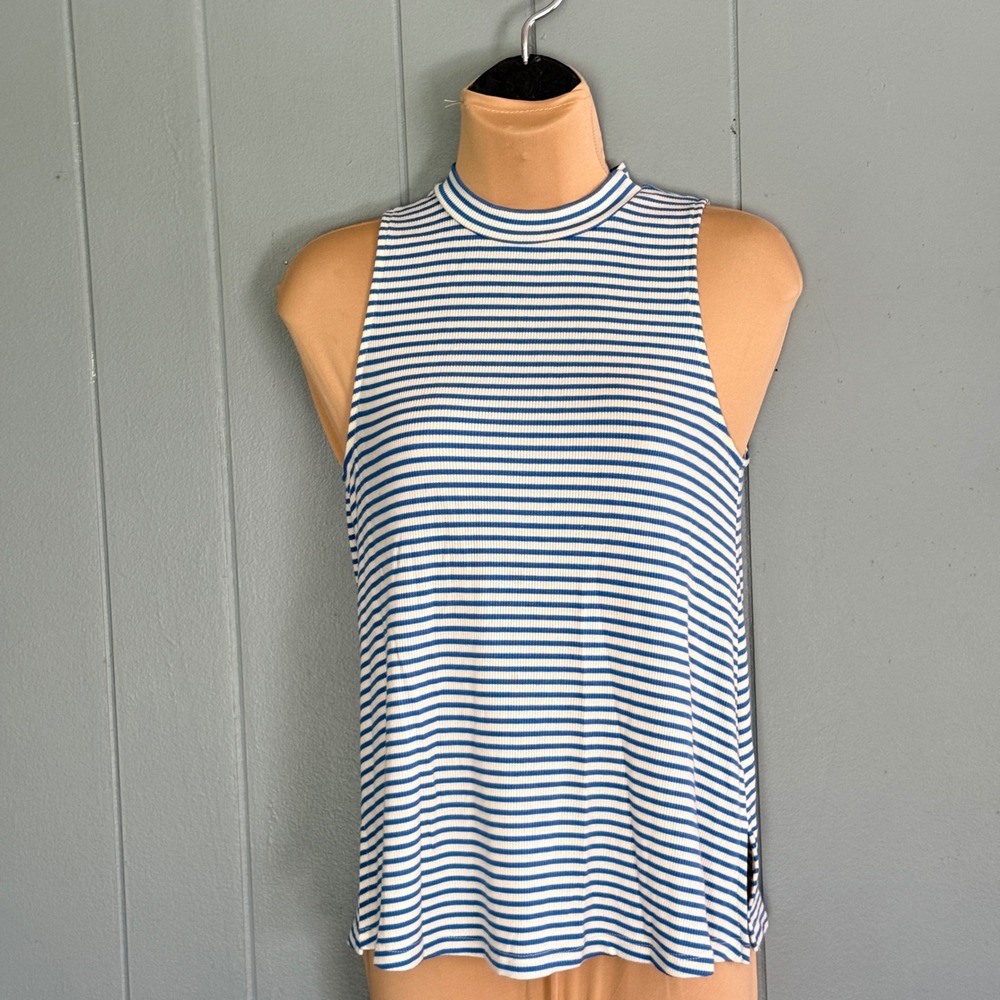 Blue White Striped Ribbed‎ Mock Neck Tank Top Small Nautical Coastal Preppy USA
